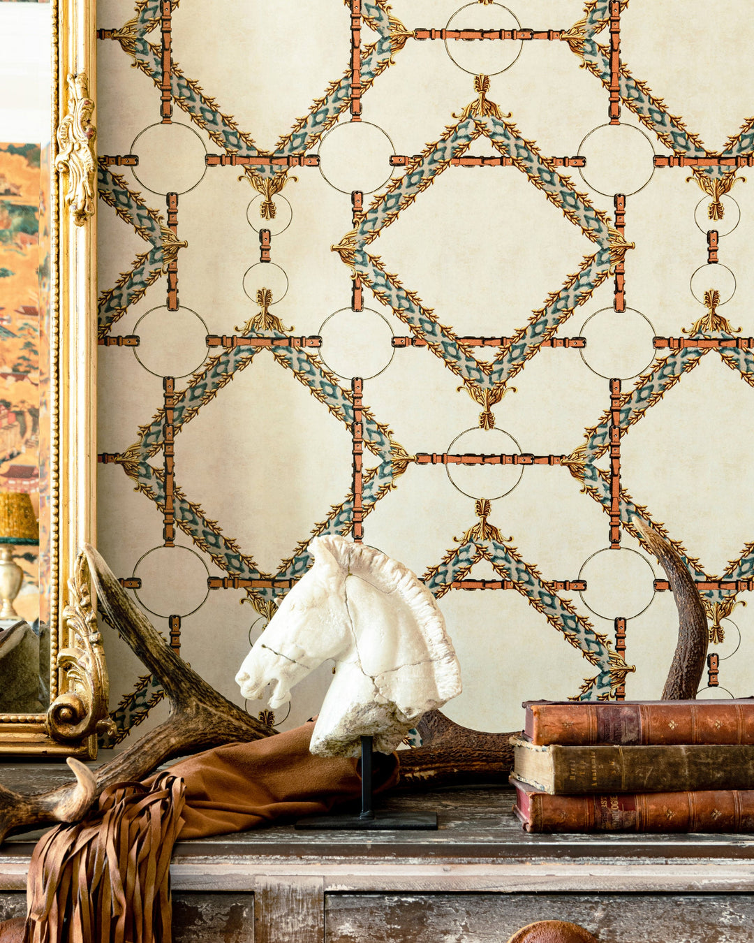 DECORATIVE HARNESS Burgundy Wallpaper (WP30106) by Mind The Gap | WP30106 | THE DERBY | 1 roll x 52x1000 cm / 20.5x393.7 in | 0.52m / 20.5in | 10m / 393.7in | 5.20sqm / 55.9sq ft | 50cm / 19.6in | Blue, Yellow, Red, Brown | Non-woven Satin | Paste the wall | 1-roll in a box | Fabric Carolina | https://www.fabriccarolina.com/