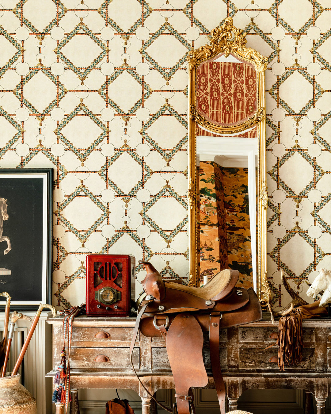 DECORATIVE HARNESS Burgundy Wallpaper (WP30106) by Mind The Gap | WP30106 | THE DERBY | 1 roll x 52x1000 cm / 20.5x393.7 in | 0.52m / 20.5in | 10m / 393.7in | 5.20sqm / 55.9sq ft | 50cm / 19.6in | Blue, Yellow, Red, Brown | Non-woven Satin | Paste the wall | 1-roll in a box | Fabric Carolina | https://www.fabriccarolina.com/