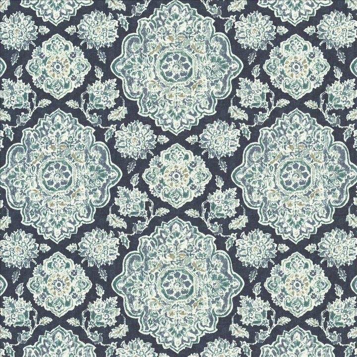 Cowan Court Indigo by Kasmir Designer Fabric 1458 70% Viscose
30% Linen
 SPAIN 30,000 Wyzenbeek Double Rubs </p><p>Repeat: Horizontal: 27 inches and Vertical: 27 inches 54 - Swanky Fabrics -