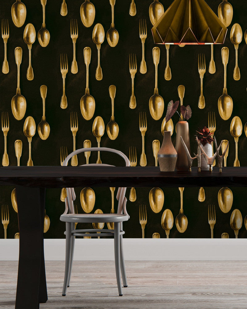 Mind The Gap Wallpaper CUTLERY Brass (WP20246) | WP20246 | PREMIUM DESIGNER WALLPAPER COLLECTION | 3 rolls x 20.5 x 118.1 in | 0.52m / 20.5in | 3m / 118in | 4.65mp | 70cm / 27.6in | Black, Gold | Non-woven | Paste the wall | 3-rolls in a box | Fabric Carolina | https://www.fabriccarolina.com/