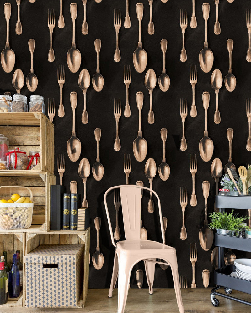 Cutlery Copper by Mind the Gap Designer Wallpaper PREMIUM DESIGNER WALLPAPER COLLECTION Non-woven Made in Europe Paste the wall 3 rolls x 20.5 x 3.25 yards - Swanky Fabrics -