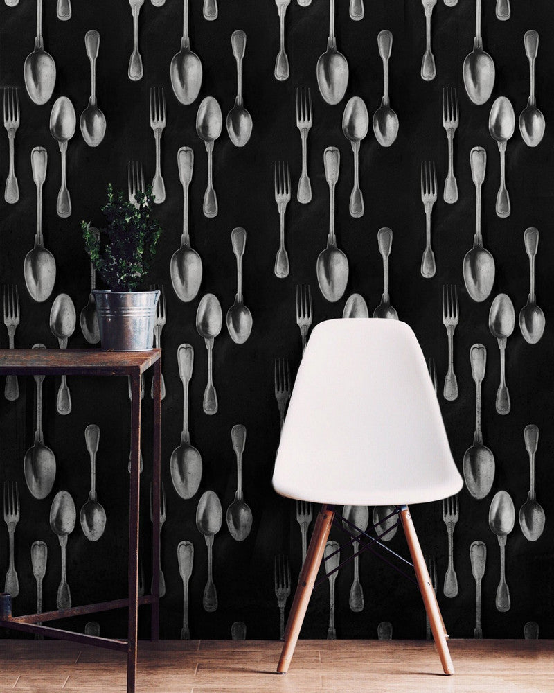 Mind The Gap Wallpaper CUTLERY Silver (WP20248) | WP20248 | PREMIUM DESIGNER WALLPAPER COLLECTION | 3 rolls x 20.5 x 118.1 in | 0.52m / 20.5in | 3m / 118in | 4.65mp | 70cm / 27.6in | Black, Grey | Non-woven | Paste the wall | 3-rolls in a box | Fabric Carolina | https://www.fabriccarolina.com/