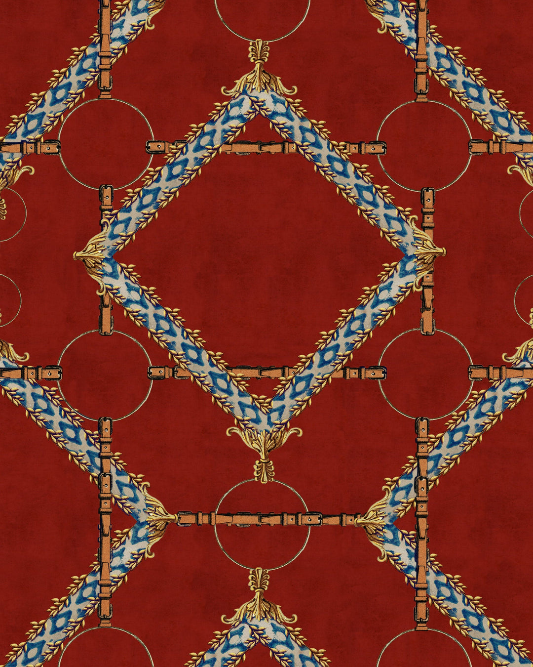 DECORATIVE HARNESS Burgundy Wallpaper (WP30106) by Mind The Gap | WP30106 | THE DERBY | 1 roll x 52x1000 cm / 20.5x393.7 in | 0.52m / 20.5in | 10m / 393.7in | 5.20sqm / 55.9sq ft | 50cm / 19.6in | Blue, Yellow, Red, Brown | Non-woven Satin | Paste the wall | 1-roll in a box | Fabric Carolina | https://www.fabriccarolina.com/