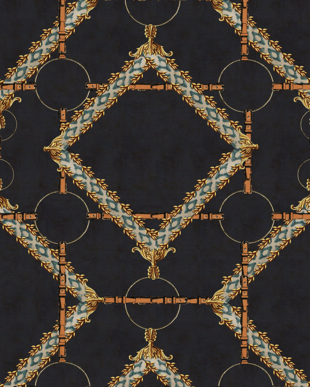 DECORATIVE HARNESS Anthracite Wallpaper (WP30107) by Mind The Gap | WP30107 | THE DERBY | 1 roll x 52x1000 cm / 20.5x393.7 in | 0.52m / 20.5in | 10m / 393.7in | 5.20sqm / 55.9sq ft | 50cm / 19.6in | Blue, Yellow, Anthracite, Brown | Non-woven Satin | Paste the wall | 1-roll in a box | Fabric Carolina | https://www.fabriccarolina.com/
