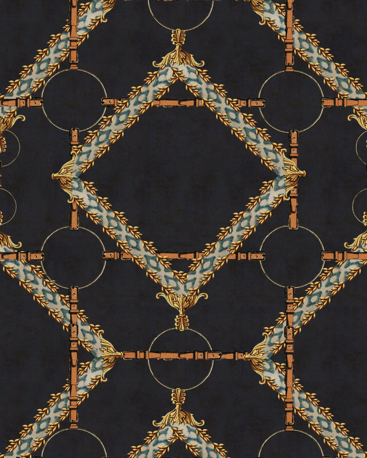 DECORATIVE HARNESS Anthracite Wallpaper (WP30107) by Mind The Gap | WP30107 | THE DERBY | 1 roll x 52x1000 cm / 20.5x393.7 in | 0.52m / 20.5in | 10m / 393.7in | 5.20sqm / 55.9sq ft | 50cm / 19.6in | Blue, Yellow, Anthracite, Brown | Non-woven Satin | Paste the wall | 1-roll in a box | Fabric Carolina | https://www.fabriccarolina.com/
