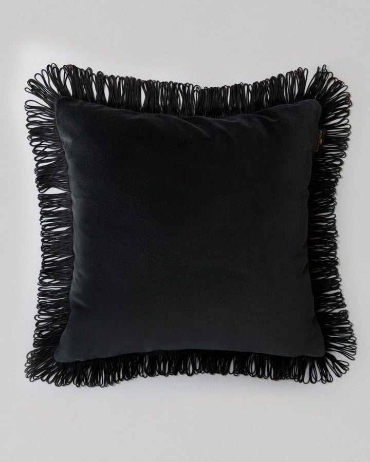 CHARCOAL Velvet Cushion (LC40234) by Mind The Gap | LC40234 | JAZZ LIVE | 50 x 50 cm | Black | Black fringes | Duck feather | Cotton velvet | Fabric Carolina | https://www.fabriccarolina.com/