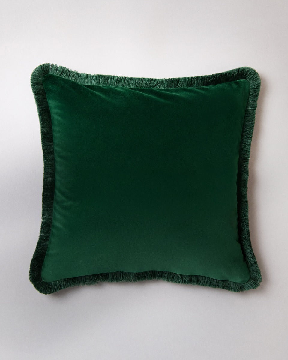 BRITISH RACING GREEN Velvet Cushion (LC40239) by Mind The Gap | LC40239 | JAZZ LIVE | 50 x 50 cm | Green | Fringes all around | Duck feather | Cotton velvet | Fabric Carolina | https://www.fabriccarolina.com/