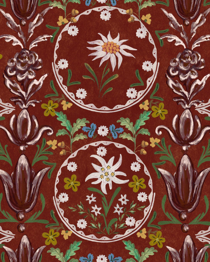 Mind The Gap Wallpaper EDELWEISS Burgundy Wallpaper (WP20694) | WP20694 | TYROL APRES-SKI HOME COLLECTION | 3 rolls x 20.5 x 118.1 in | 0.52m / 20.5in | 3m / 118in | 4.65mp | 52cm / 20.5in | Burgundy, Green, Red, Yellow | Textured Matte | Paste the wall | 3-rolls in a box | Fabric Carolina | https://www.fabriccarolina.com/