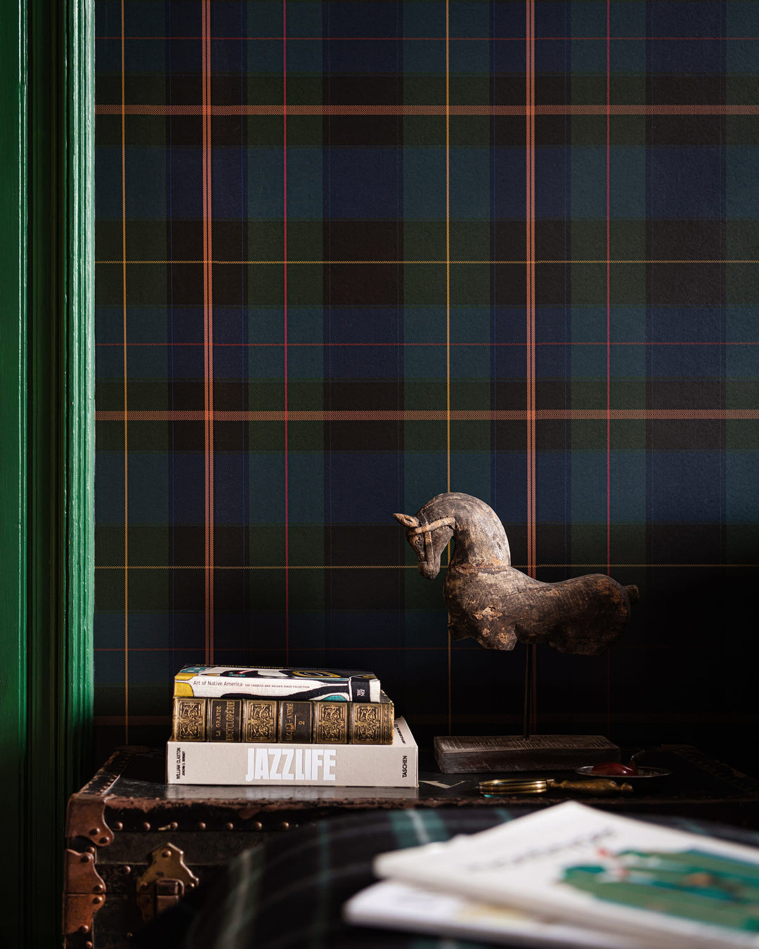 EQUESTRIAN PLAID Green Wallpaper (WP30110) by Mind The Gap | WP30110 | THE DERBY | 1 roll x 52x1000 cm / 20.5x393.7 in | 0.52m / 20.5in | 10m / 393.7in | 5.20sqm / 55.9sq ft | 50cm / 19.6in | Blue, Green, Yellow, Red | Non-woven Satin | Paste the wall | 1-roll in a box | Fabric Carolina | https://www.fabriccarolina.com/