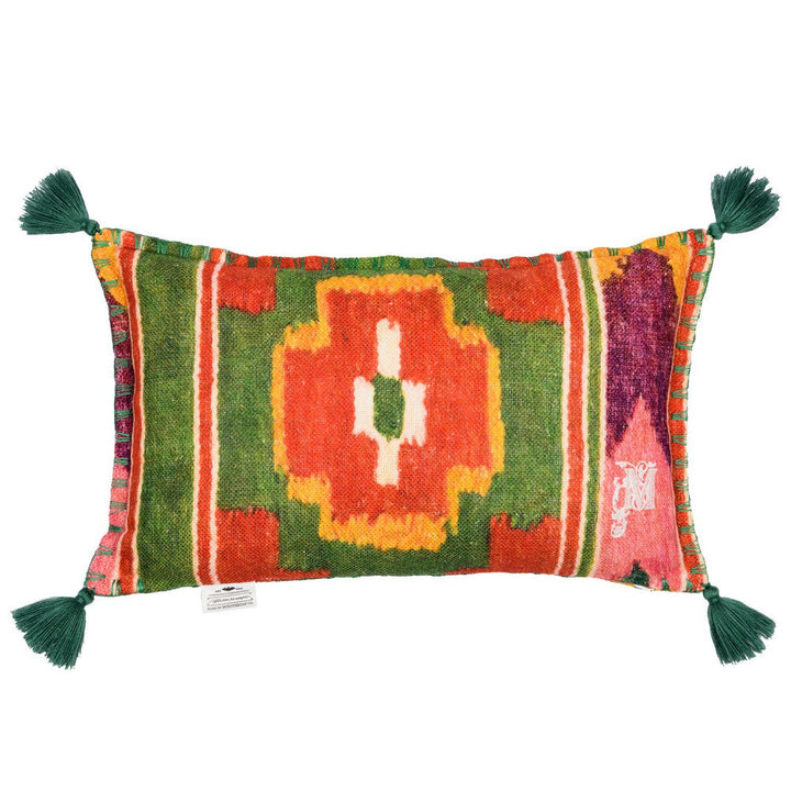 Erdely Linen Cushion by Mind the Gap Designer Pillow TRANSYLVANIAN ROOTS 100% Linen Made in Romania Green tassels 20 x 12 in - Swanky Fabrics -