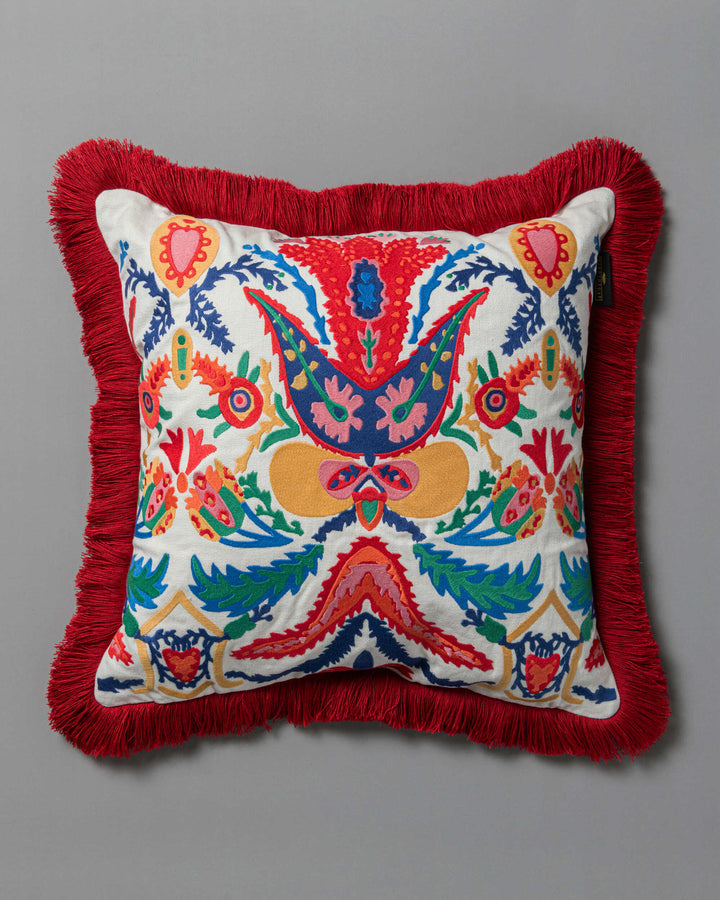 EUFLORIA embroidered cushion (LC40267) by Mind The Gap | LC40267 | TRANSYLVANIAN RHAPSODY | 50 x 50 cm / 20 x 20 in | Blue, White, Yellow, Red | Fringes all around | Duck feather | 20% PA, 80% LI | Fabric Carolina | https://www.fabriccarolina.com/