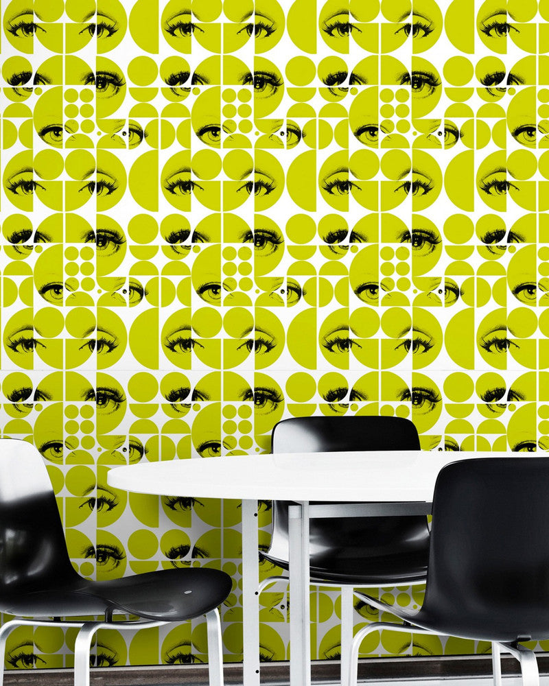 Mind The Gap Wallpaper EYES AND CIRCLES Green Premium Wallpaper (WP20085) | WP20085 | WALLPAPER DESIGNER COLLECTION | 3 rolls x 20.5 x 118.1 in | 0.52m / 20.5in | 3m / 118in | 4.65mp | 52cm / 20.5in | Black, Green, White | Non-woven | Paste the wall | 3-rolls in a box | Fabric Carolina | https://www.fabriccarolina.com/
