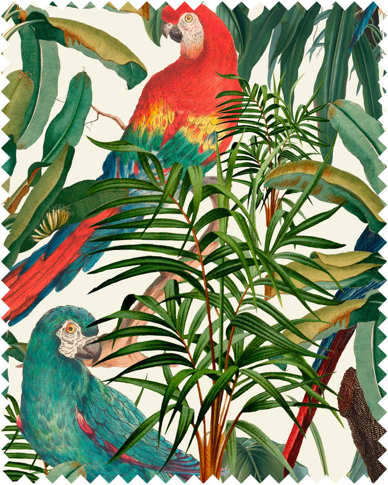 Parrots Of Brasil Linen by Mind the Gap Designer Fabric TROPICAL MOOD 100% Linen Made in United Kingdom W 46cm x L 46cm / W 18.1in x L 18.1in 55.1in - Swanky Fabrics -