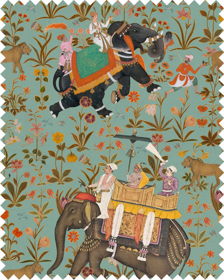 Mind The Gap Fabric HINDUSTAN Aquamarine Linen (FB00011) | FB00011 | NOMAD STORY | Blue, Brown, Green, Orange | Fabric Carolina | https://www.fabriccarolina.com/