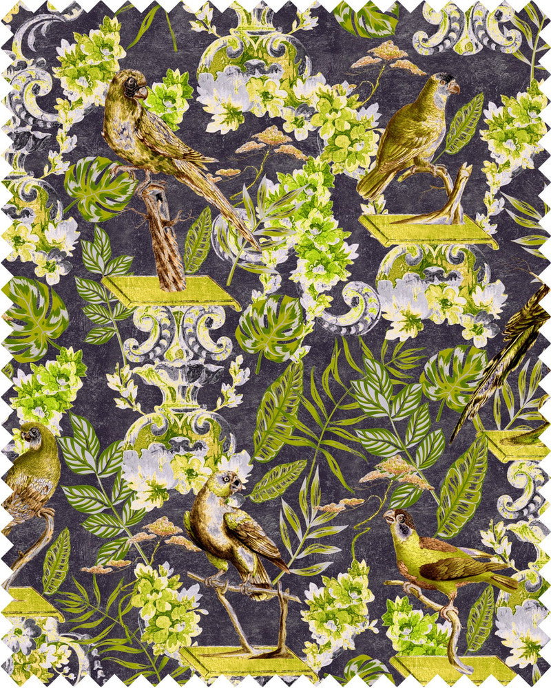 Mind The Gap Fabric LA VOLIERE Velvet (FB00028) | FB00028 | THE TRANSYLVANIAN MANOR | Anthracite, Brown, Green, Yellow | Fabric Carolina | https://www.fabriccarolina.com/