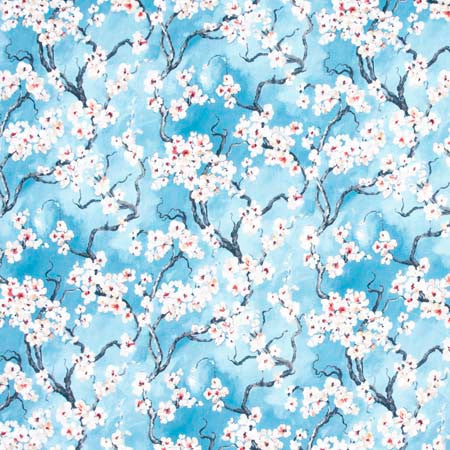 Cherry Blossom Azure by Carole Designer Fabric Red Sea 100% Polyester India 50,000 Wyzenbeek Double Rubs 25 1/4" V, 27 3/8" H HD 56" - Swanky Fabrics -