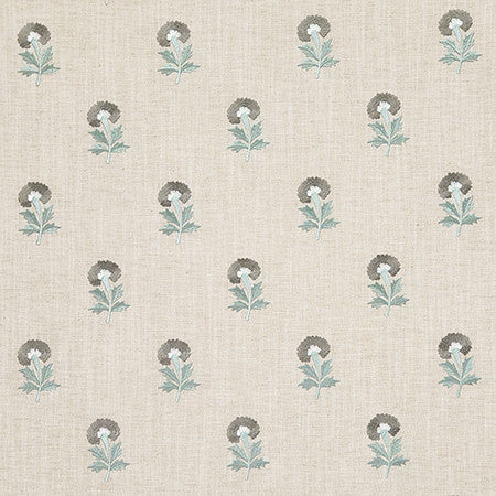 Basket Flower Shoreline by Carole Designer Fabric Dewdrop Base: 82% Polyester, 11% Cotton, 7% Linen, Embr: 100% Rayon India 51,000 WYZENBEEK DOUBLE RUBS 6 1/4" V, 2 5/8" H HD 53" - Swanky Fabrics -