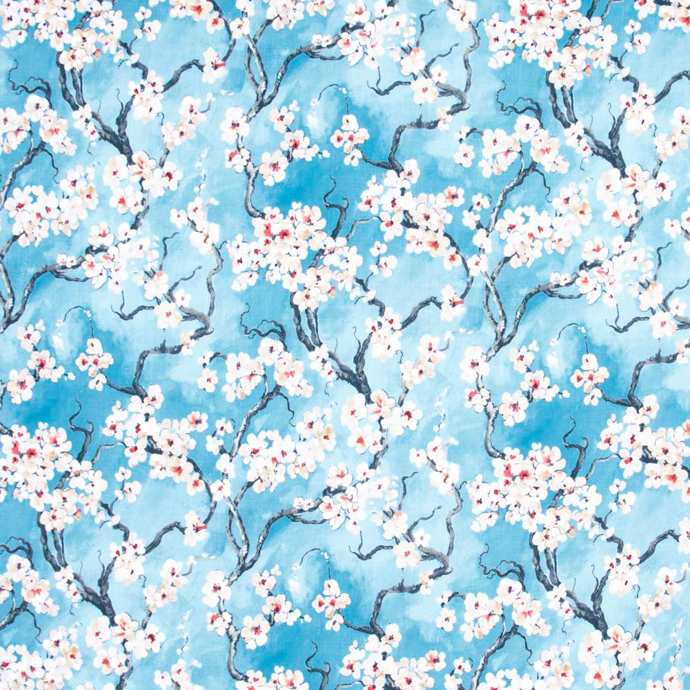 Cherry Blossom Azure by Carole Designer Fabric Red Sea 100% Polyester India 50,000 Wyzenbeek Double Rubs Horizontal: 27.375 and Vertical: 25.25 56 - Swanky Fabrics -