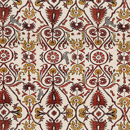 Bird Gathering Cinnabar by Carole Designer Fabric Dawn & Dusk 75% Cotton, 25% Linen Pakistan 32" V, 27" H 54" - Swanky Fabrics -