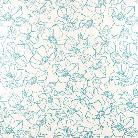 Flower Stencil Aqua by Carole Designer Fabric Muse 100% Cotton Spain 50,000 Wyzenbeek Double Rubs 27" V, 13 1/2" H 54" - Swanky Fabrics -