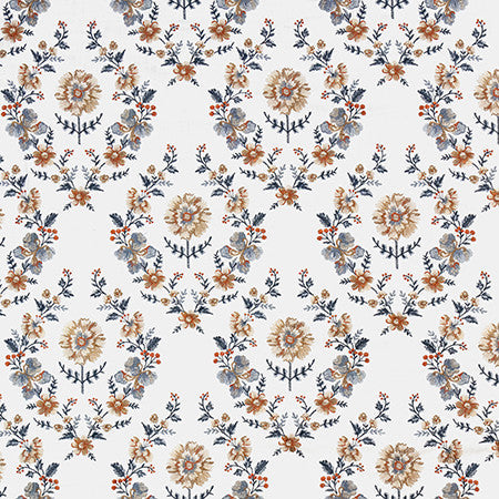 Turn The Page Indigo by Carole Designer Fabric English Garden Base: 100% Cotton Embr: 100% Viscose N/A 15 3/8" V, 12 1/2" H HD 50 1/2*" - Swanky Fabrics -