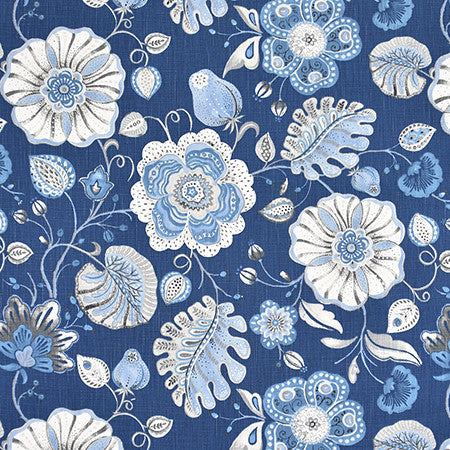 Art Of Being Navy by Carole Designer Fabric Bluebell 59% Cotton, 41% Polyester-Light Latex Backing China 15,000 Wyzenbeek Double Rubs 23 3/4" V, 27 1/2" H 54" - Swanky Fabrics -