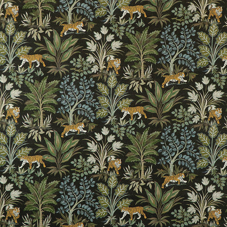 Tiger Hunt Chocolate by Carole Designer Fabric Misty Glen 55% Linen, 45% Cotton Spain 13 1/2" V, 13 1/2" H HD 54"" - Swanky Fabrics -