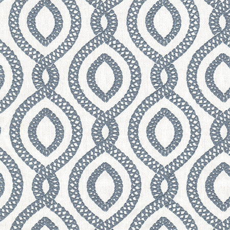 Historic District Sky by Carole Designer Fabric Making Waves Base: 68% Polyester, 21% Linen, 11% Cotton Embr: 100% Polyester 51,000 Wyzenbeek Double Rubs 6 1/4" V, 3 1/4" H HD 54" - Swanky Fabrics -