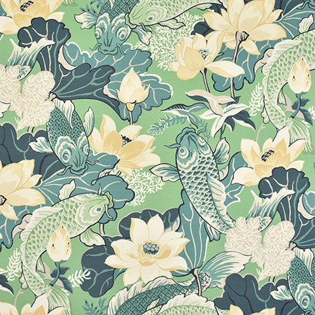 Playing Koi Eucalyptus by Carole Designer Fabric Jade 100% Cotton-SSR Spain 51,000 Wyzenbeek Double Rubs 36" V, 27" H HD 54" - Swanky Fabrics -