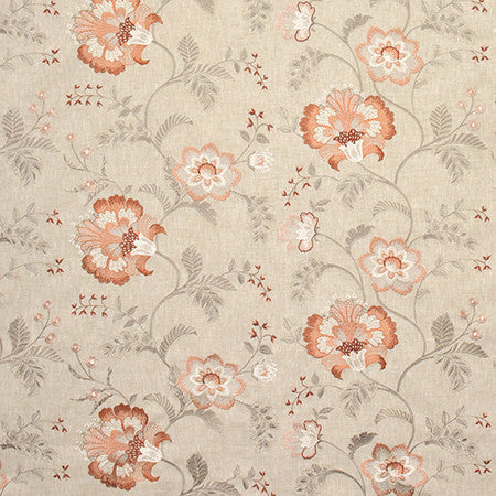 Beside Me Coral by Carole Designer Fabric Wallflower Base: 77% Polyester, 23% Cotton. Embr: 100% Rayon INDIA 6,000 Wyzenbeek Double Rubs 12 3/8" V, 26" H 51.75" - Swanky Fabrics -