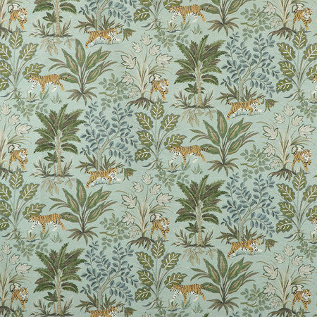 Tiger Hunt Seaspray by Carole Designer Fabric Misty Glen 55% Linen, 45% Cotton Spain 13 1/2" V, 13 1/2" H HD 54"" - Swanky Fabrics -