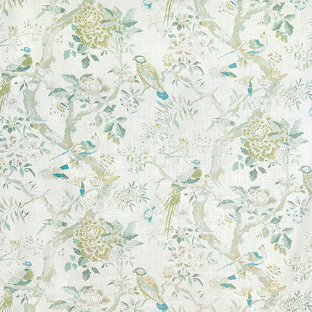 Charming Bird Lagoon by Carole Designer Fabric English Garden 55% Linen, 45% Rayon 50,000 Wyzenbeek Double Rubs 35" V, 28" H HD 54" - Swanky Fabrics -