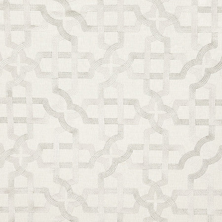 Meet Again Silver by Carole Designer Fabric Earth & Stone Base: 69% Cotton, 31% Polyester. Embr: 100% Viscose India 25,000 WYZENBEEK DOUBLE RUBS 12 1/2" V, 12 1/2" H 51" - Swanky Fabrics -