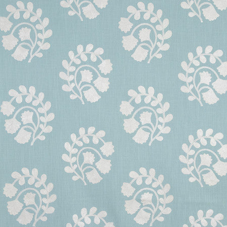 Giant Leap Robins Egg by Carole Designer Fabric Making Waves Base: 50% Cotton, 35% Viscose, 15% Linen Embr: 50% Cotton, 50% Viscose N/A 9 1/2" V, 13 1/2" H 53" - Swanky Fabrics -