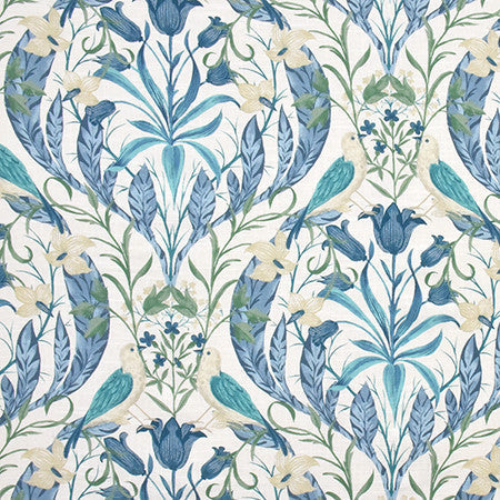 Two Birds Robins Egg by Carole Designer Fabric Wellington 55% Linen, 45% Viscose KOREA 12,000 Wyzenbeek Double Rubs 26 1/4" V, 27 1/4" H HD 55.25" - Swanky Fabrics -