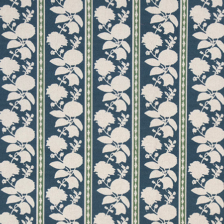 Quiet Brook Indigo by Carole Designer Fabric English Garden 85% Cotton, 15% Linen 45,000 Martindale Circular Rubs 8 5/8" V, 7 5/8" H 54 1/2" - Swanky Fabrics -