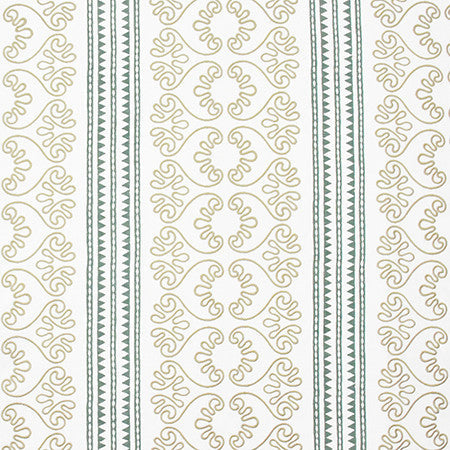 Garden Paths Teal by Carole Designer Fabric Artisan Base: 50% Poly, 50% Cotton. Embr: 60% Poly, 40% Cotton INDIA 3 3/4" V, 13 1/2" H 53.75" - Swanky Fabrics -
