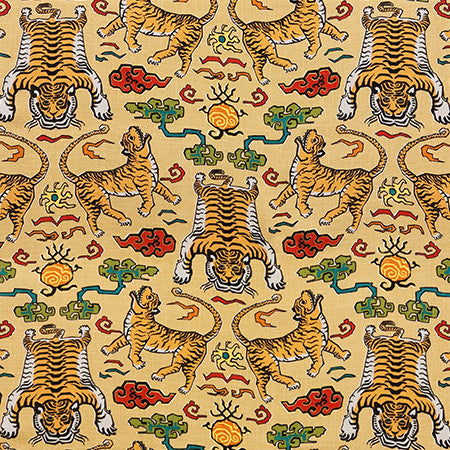 Tiger Pack Saffron by Carole Designer Fabric Hidden Treasure 75% Cotton, 25% Linen-Stain Repellent Pakistan 25" V, 13 1/2" H HD 54.5" - Swanky Fabrics -