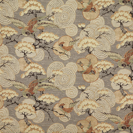 Bird Landing Pewter by Carole Designer Fabric Evergreen 100% Cotton India 18" V, 27" H HD 54" - Swanky Fabrics -