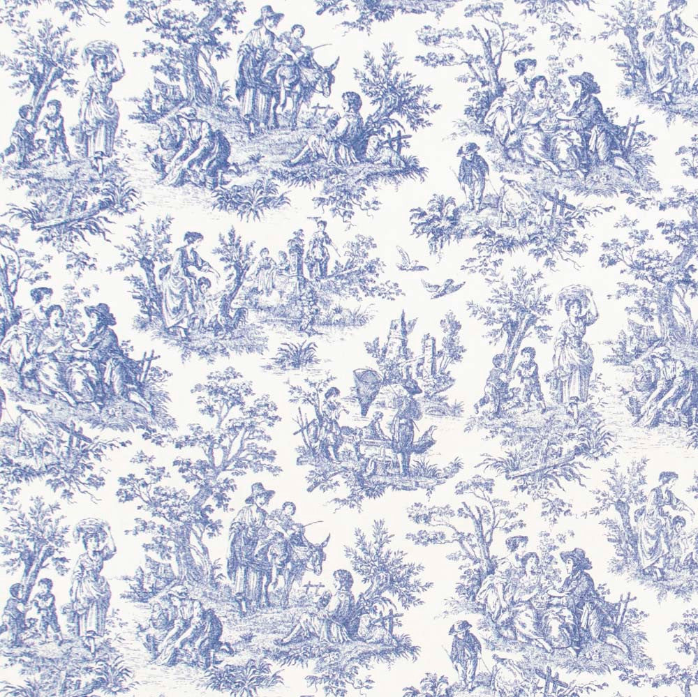 Country Toile Indigo by Carole Designer Fabric Red Sea 100% Cotton Printed & Finished In USA 51,000 Wyzenbeek Double Rubs Horizontal: 13.5 and Vertical: 13.5 54 - Swanky Fabrics -