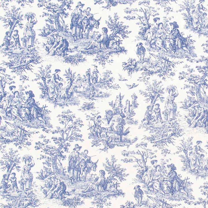 Country Toile Indigo by Carole Designer Fabric Red Sea 100% Cotton Printed & Finished In USA 51,000 Wyzenbeek Double Rubs Horizontal: 13.5 and Vertical: 13.5 54 - Swanky Fabrics -