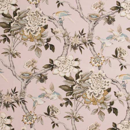 Bird Sanctuary Blush by Carole Designer Fabric Pink Jade 100% Cotton- SSR Peru 25,000 Wyzenbeek Double Rubs Horizontal: 13 1/2" D and Vertical: 25 1/4" V 54" - Swanky Fabrics -