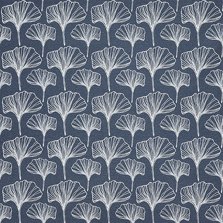 Ginkgo Sketches Indigo by Carole Designer Fabric Dawn & Dusk 100% Cotton Spain 50,000 WYZENBEEK DOUBLE RUBS 4 1/2" V, 4 1/2" H 54" - Swanky Fabrics -