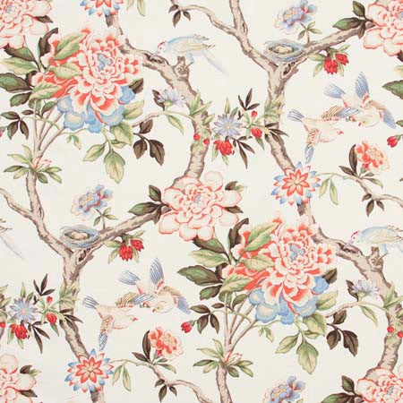 Bird Sanctuary Persimmon by Carole Designer Fabric Red Sea 100% Cotton -SSR Peru 25,000 Wyzenbeek Double Rubs 25 1/4" V, 13 1/2" H HD 54" - Swanky Fabrics -