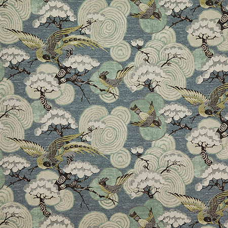 Bird Landing Teal by Carole Designer Fabric Evergreen 100% Cotton India 18" V, 27" H HD 54" - Swanky Fabrics -