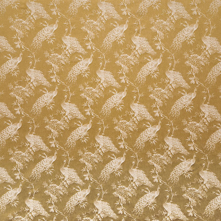 Roaming Peacock Wheat by Carole Designer Fabric Manchester Base: 44% Polyester, 34% Rayon, 22% Cotton Embr: 100% Polyester India 13 1/2" V, 7" H HD 55 1/4"" - Swanky Fabrics -