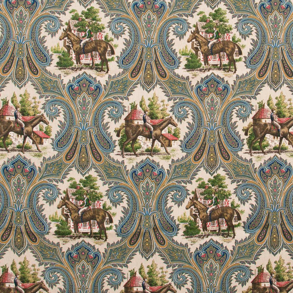 Horseman Royal by Carole Designer Fabric Red Sea 100% Cotton -SSR Finished In USA 15,000 Wyzenbeek Double Rubs Horizontal: 13.5 and Vertical: 18 54 - Swanky Fabrics -