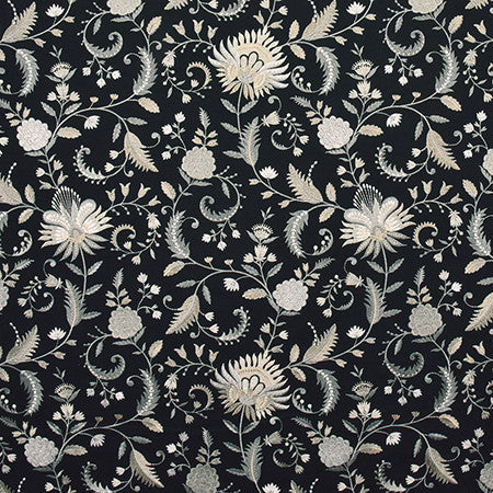 Dare Me Ebony by Carole Designer Fabric Wallflower Base:76% Polyester, 24% Cotton. Embr: 100% Viscose INDIA Base:51,000 Wyzenbeek Double Rubs. Embroidery: 10,000 Wyzenbeek Double Rubs 19 3/8" V, 17" H 52" - Swanky Fabrics -