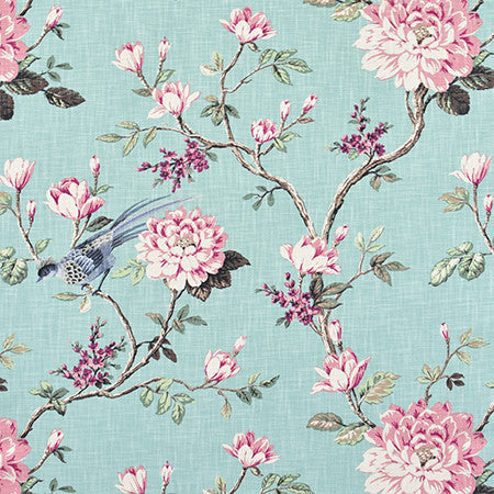 Garden Bird Spa by Carole Designer Fabric Jade 100% Cotton-Soil Repellent Pakistan 50,000 Wyzenbeek Double Rubs 25 1/8" V, 27"H 56" - Swanky Fabrics -