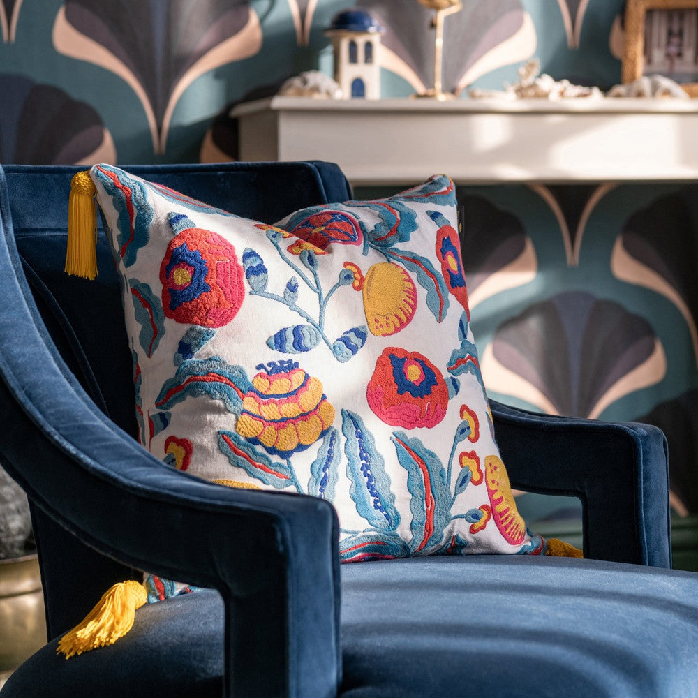 Mind The Gap Pillows FIORI DI LIMONE Embroidered Cushion (LC40256) | LC40256 | LA DOLCE VITA | 20 x 20 in | Fucsia, Red, Turquoise, White, Yellow | Fabric Carolina | https://www.fabriccarolina.com/